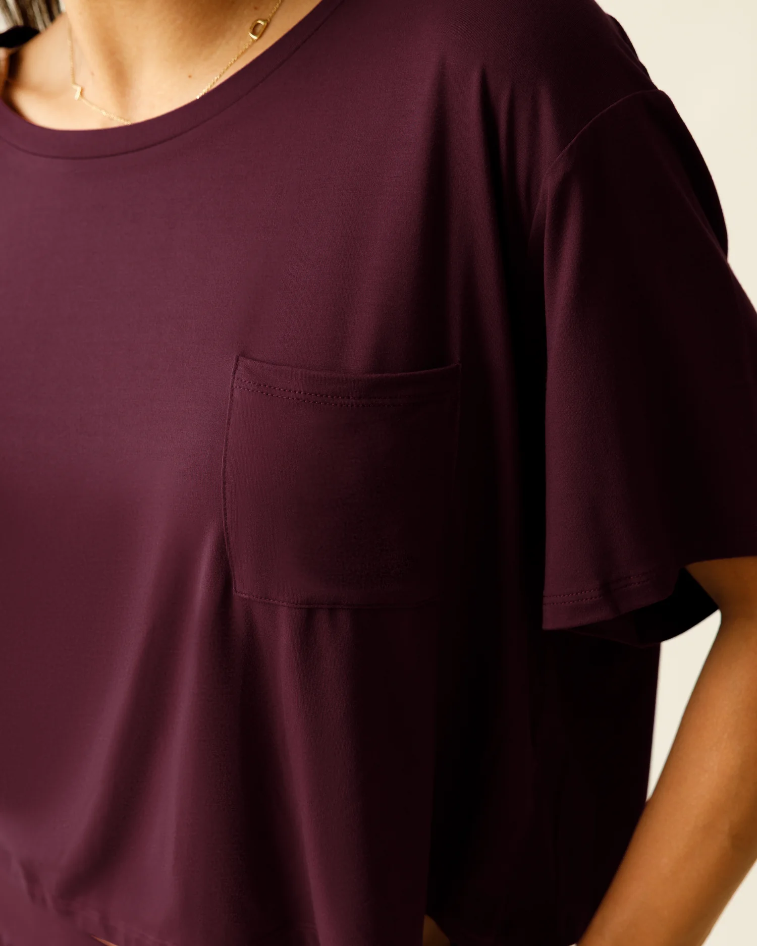 Aria Bamboo Casual Cropped Short Sleeve Top | Deep Burgundy - Image 2