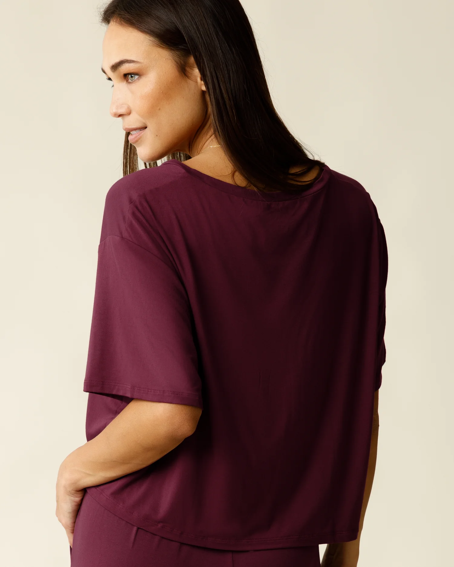 Aria Bamboo Casual Cropped Short Sleeve Top | Deep Burgundy - Image 3
