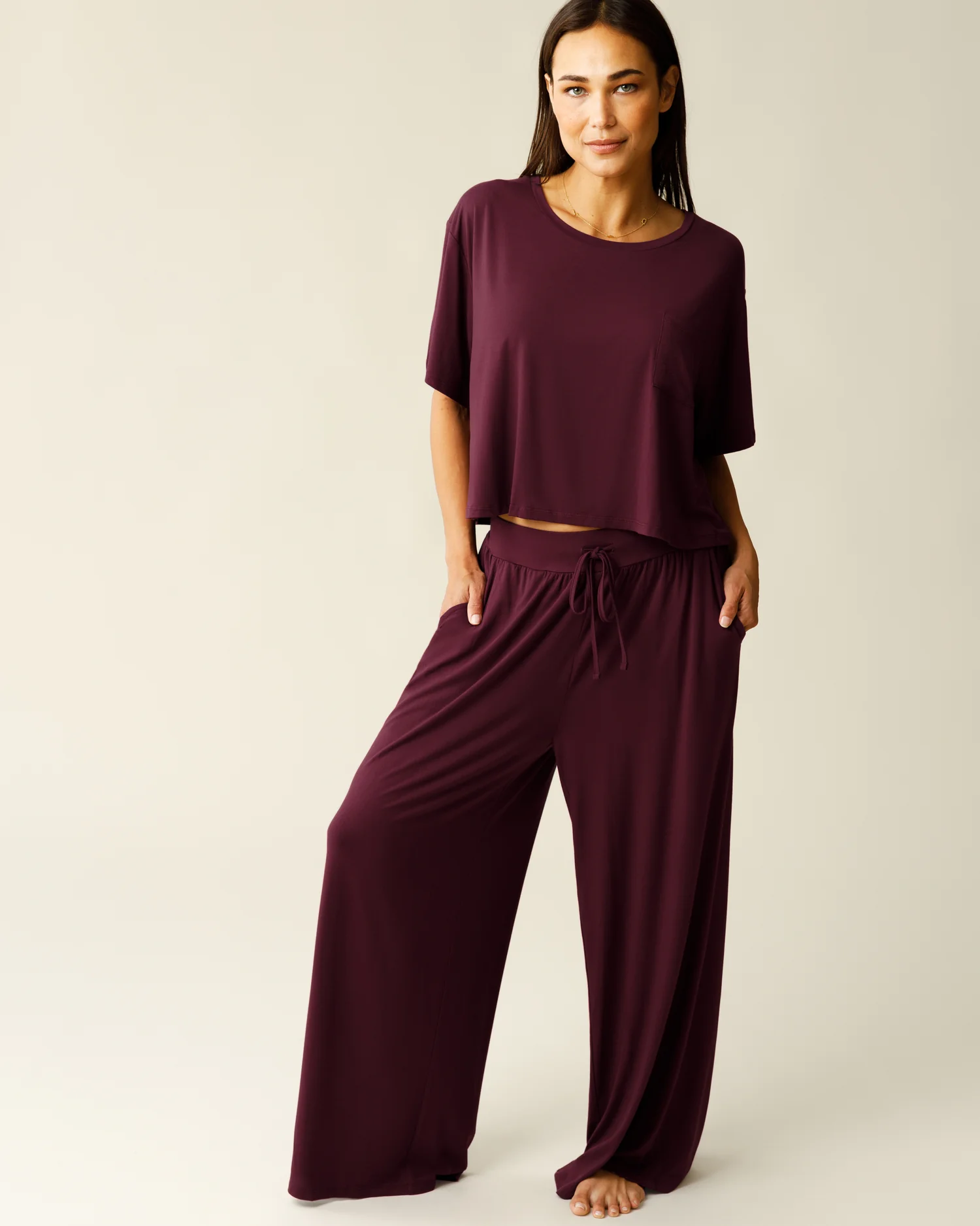 Aria Bamboo Casual Cropped Short Sleeve Top | Deep Burgundy - Image 4
