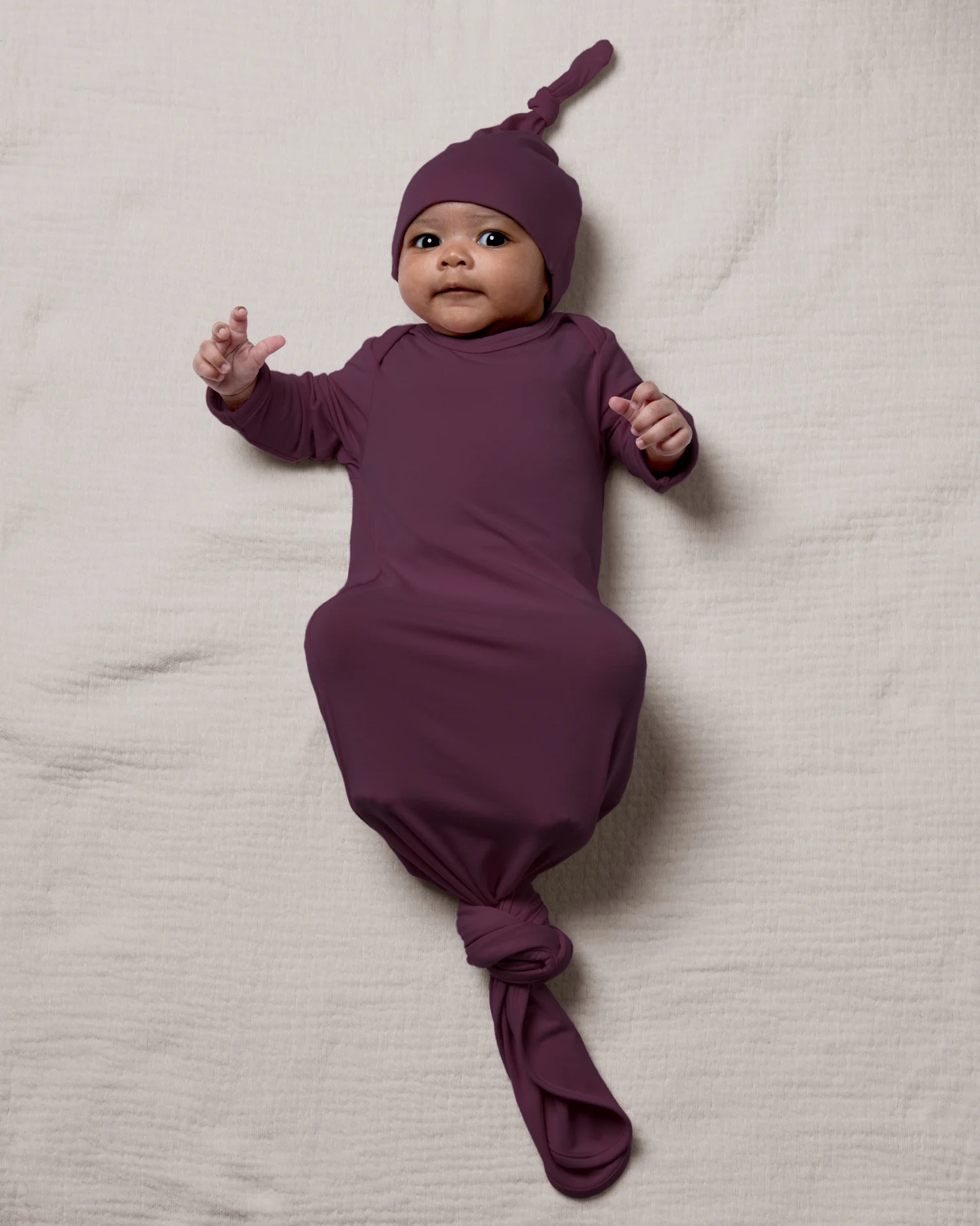 Bamboo Knotted Baby Gown & Hat | Burgundy Plum