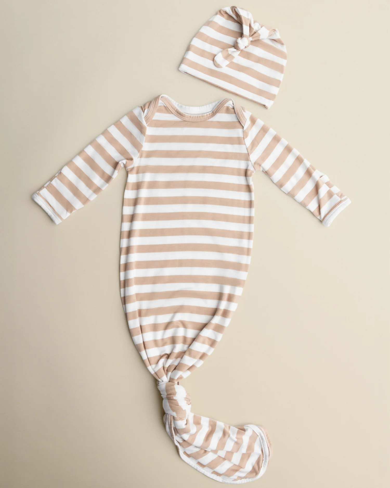 Bamboo Knotted Baby Gown & Hat | Fawn Stripe - Image 3