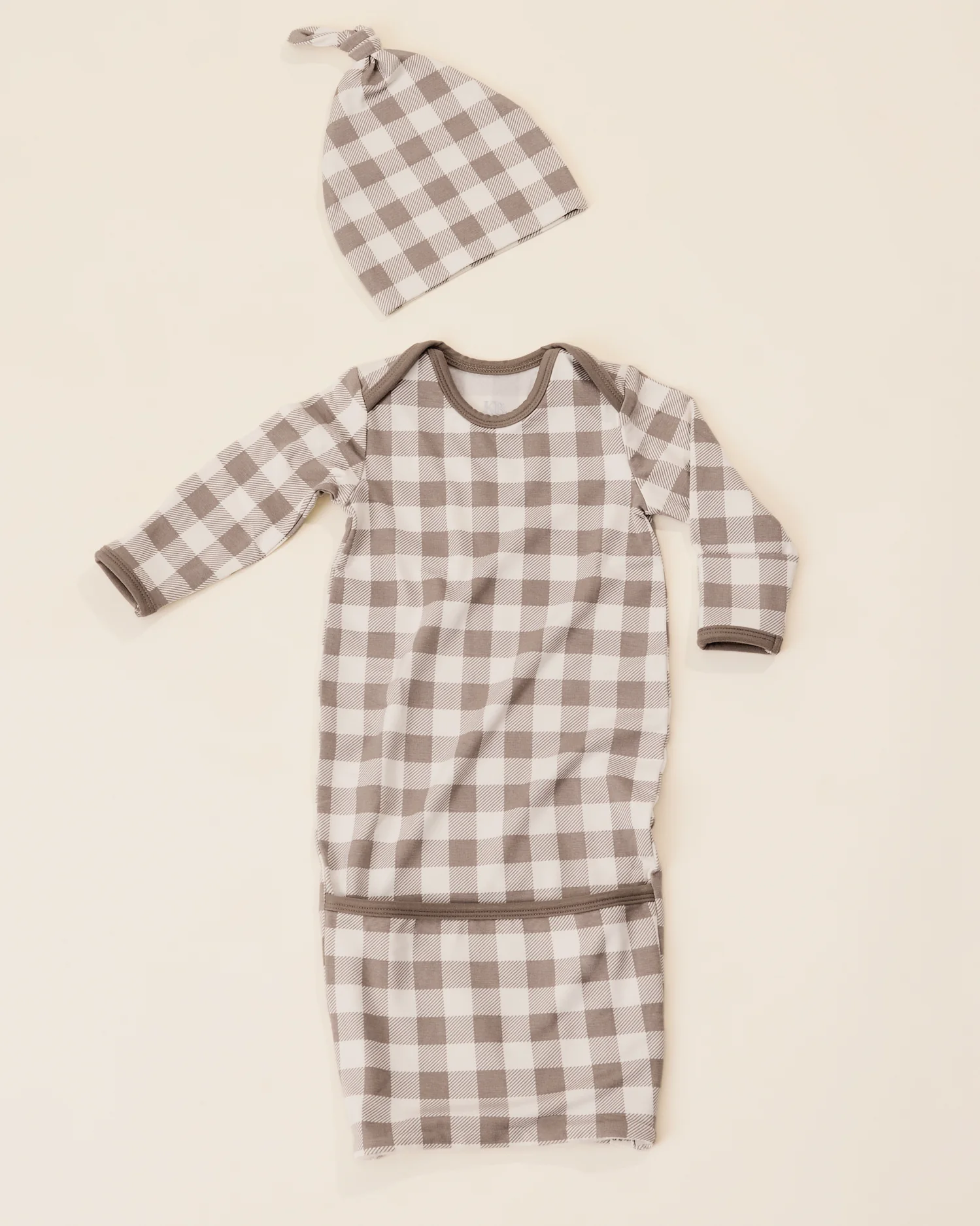 Cozy Bamboo Baby Gown & Hat | Taupe Gingham - Image 5
