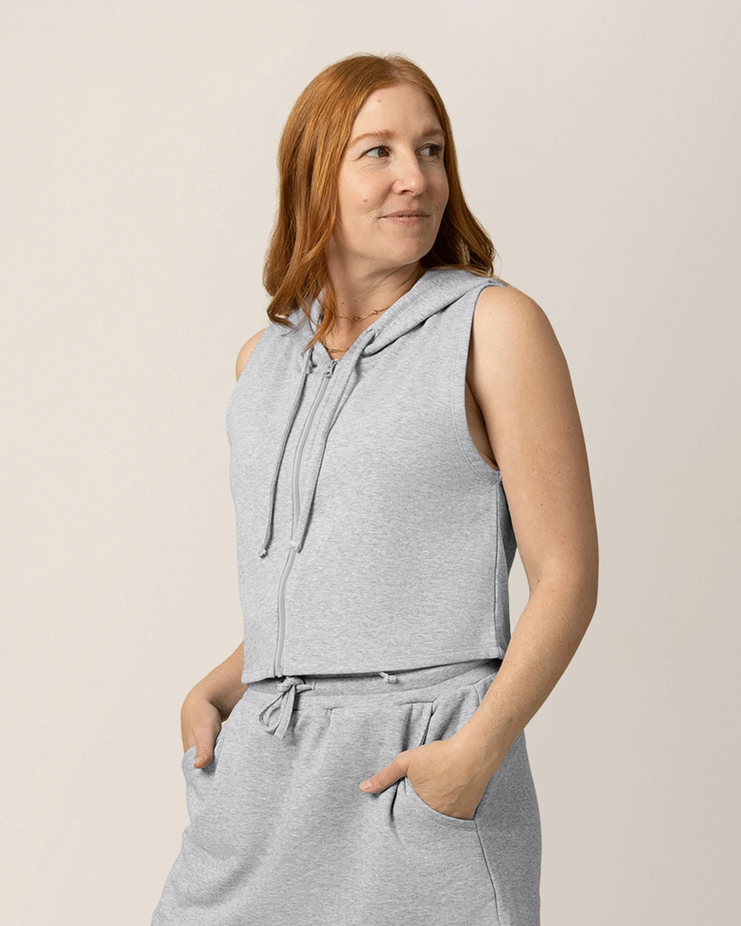 French Terry Sleeveless Nursing Hoodie | Grey Heather - Image 3