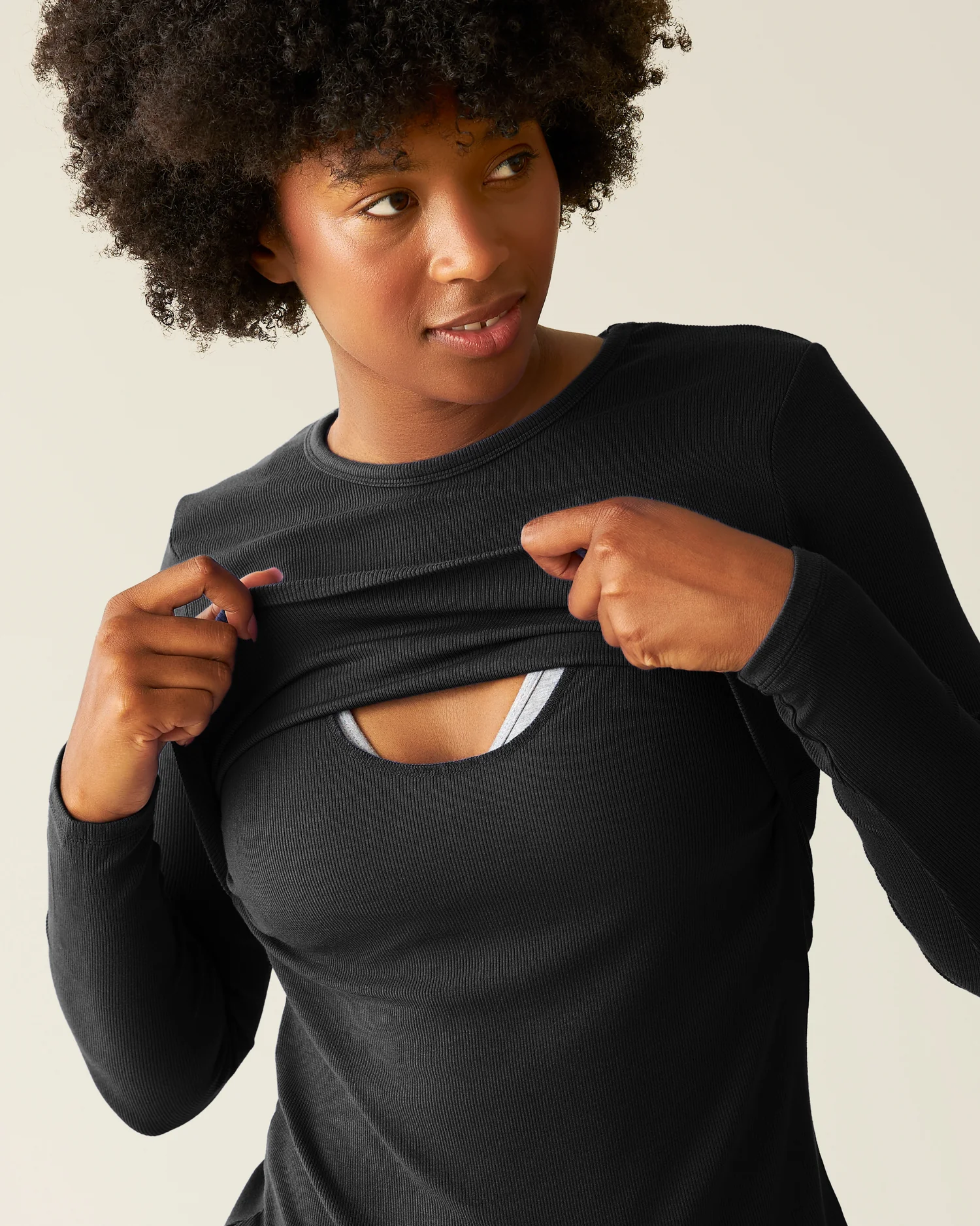 Ribbed Bamboo Long Sleeve Nursing T-shirt | Black - Image 2
