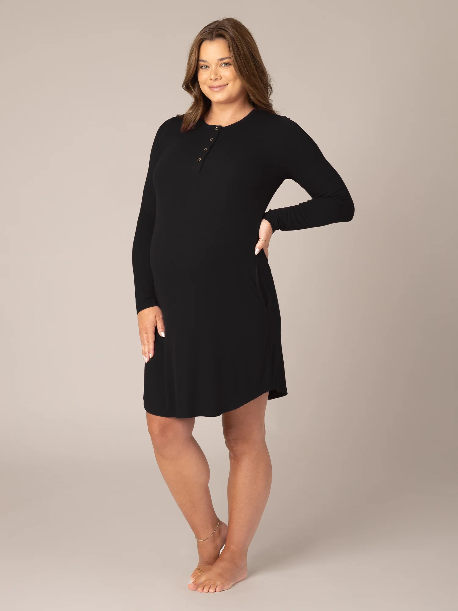 Riley Ribbed Bamboo Maternity & Nursing Nightgown | Black - Image 2