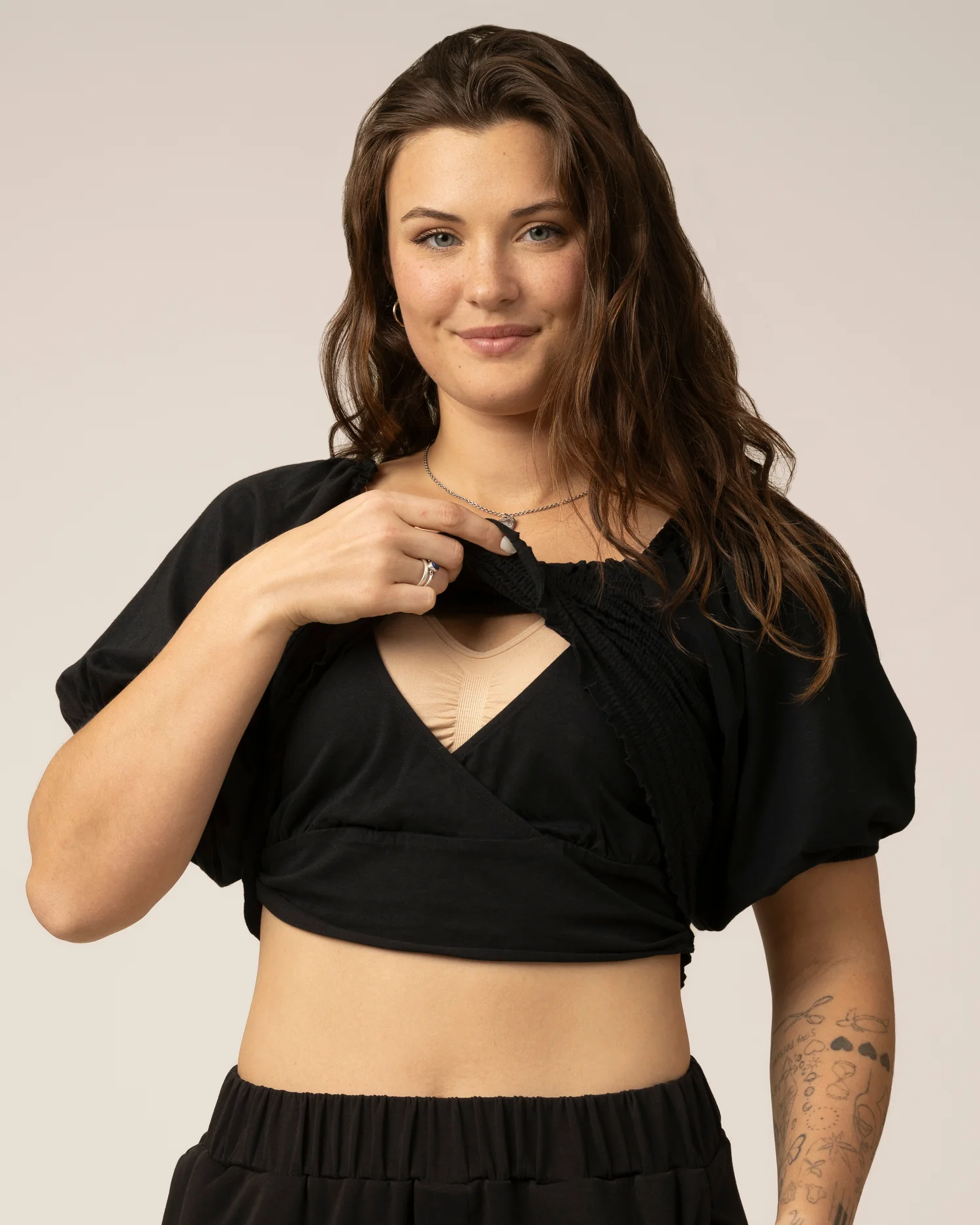 Sophia Smocked Cropped Nursing Top | Black - Image 2