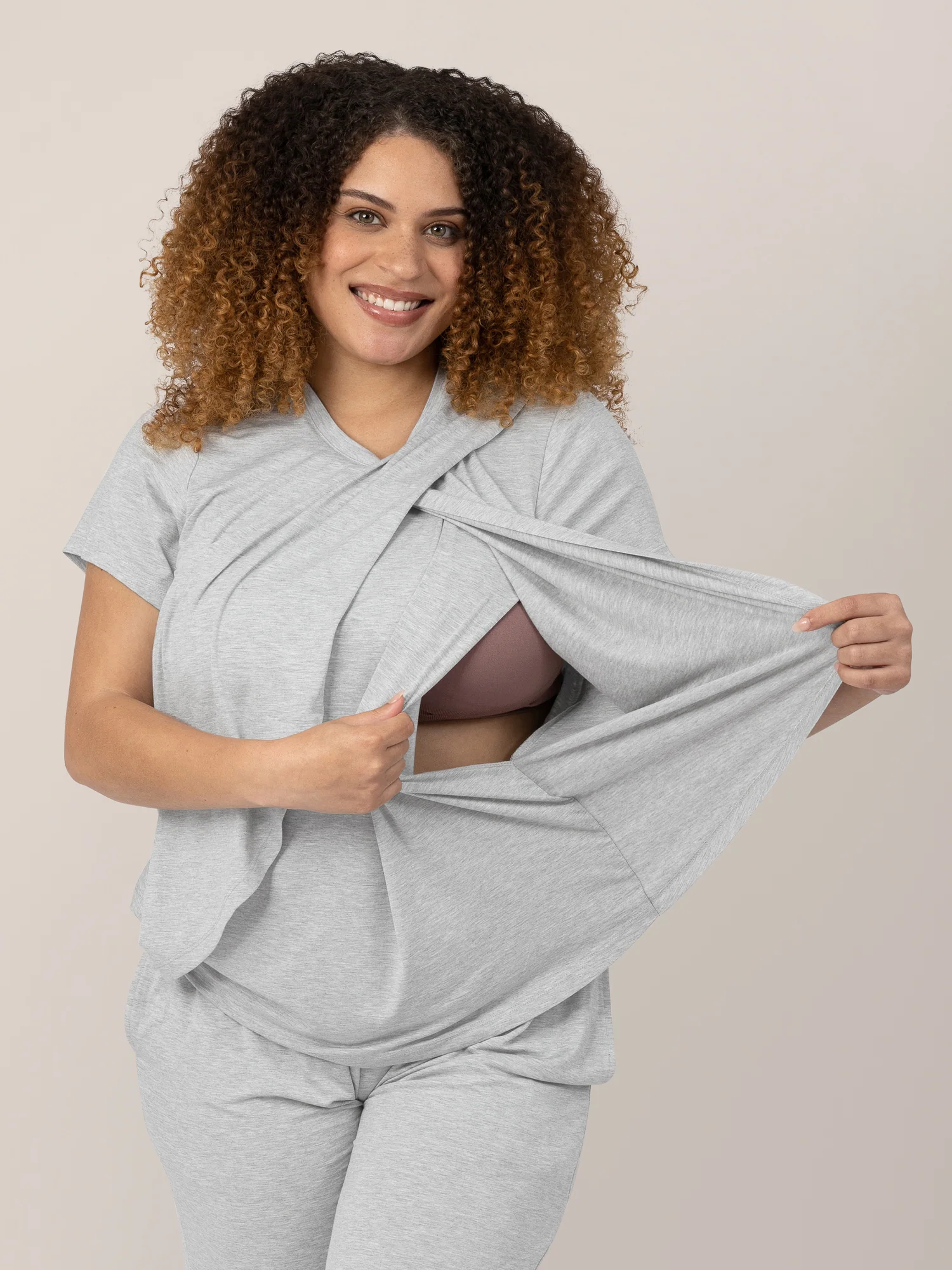 Tulip Hem Short Sleeve Maternity & Nursing Pajama Set | Grey Heather - Image 2